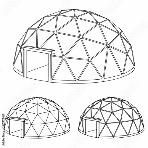Vector illustration icons of geodesic dome structures in various stages of complexity on a white background