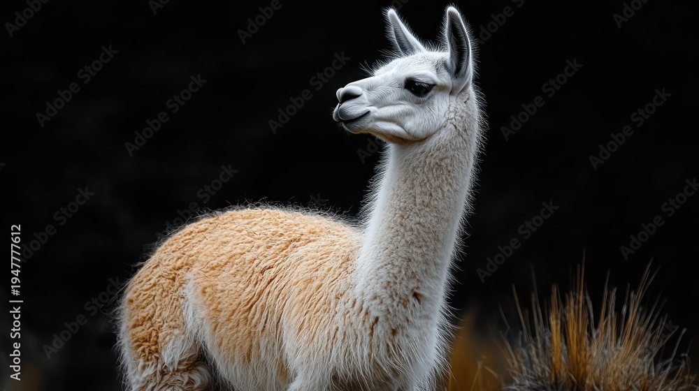 Obraz premium serene white and tan llama with fluffy fleece and proud, curious expression against a dark backdrop