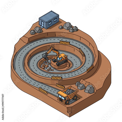 Isometric illustration of an open-pit mine with a spiral road, excavator, and dump truck, depicting heavy industry and resource extraction.