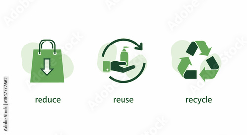 Sustainable lifestyle concept with reduce, reuse, and recycle icons illustrating eco-friendly practices for environmental protection and waste reduction efforts