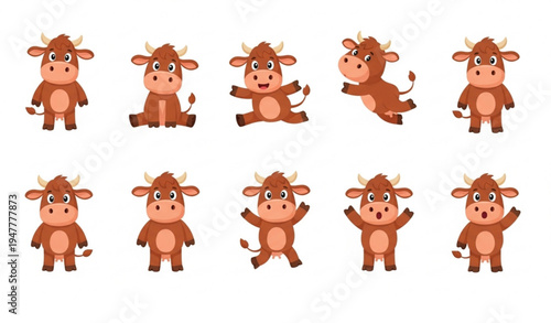 Funny brown cow farm animal pose bundle cartoon cattle vector illustration