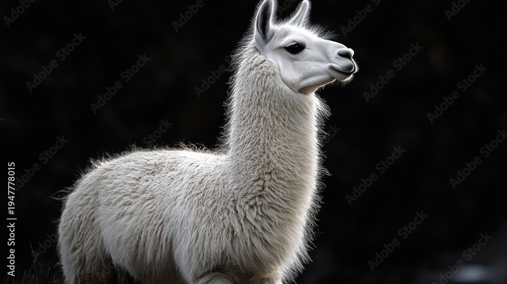 Fototapeta premium white llama standing in profile with thick fluffy fleece and calm proud expression against a dark high-contrast background