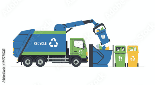 Efficient urban waste management and recycling service concept featuring a modern garbage truck collecting sorted trash from colorful bins for environmental sustainability