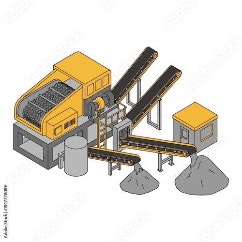 Isometric illustration of an industrial crushing and conveyor belt system for material processing and sorting.