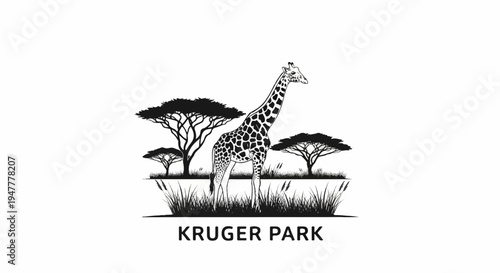 Stylized savanna scene with a giraffe and trees, above text