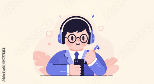 Man in suit with glasses and headphones, holding a phone