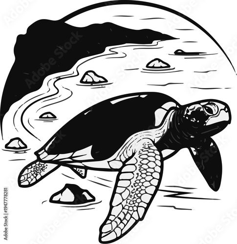 Stylized sea turtle swims near rocky coastline under arched horizon