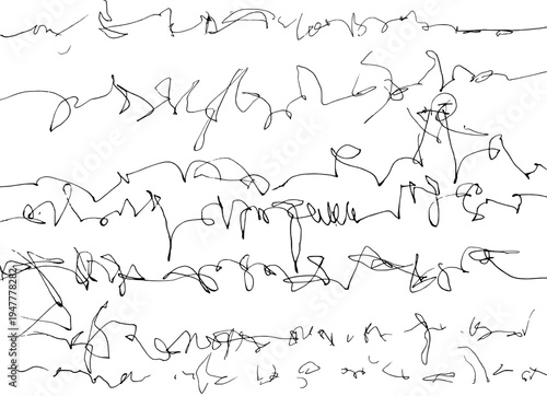 Hand-drawn monochrome line art of unreadable cursive-like non-existent characters arranged horizontally