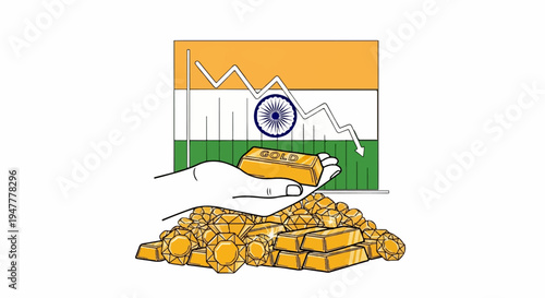 Indian flag with falling graph, hand holds gold bar, piles of treasure