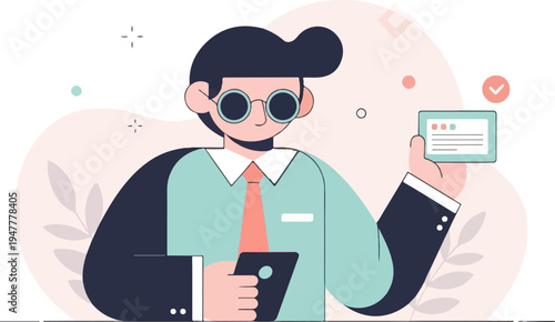 Man in suit with glasses holding phone and card, flat design