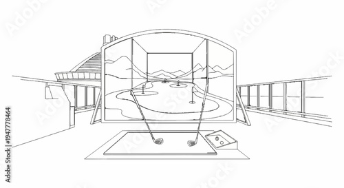 Indoor golf simulator with simulated landscape, clubs, and balls