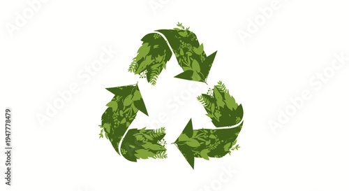 Vibrant Green Recycling Symbol Crafted from Lush Natural Leaves on a Clean White Background - An Eco-Friendly Illustration for Environmental Awareness and Sustainable Living
