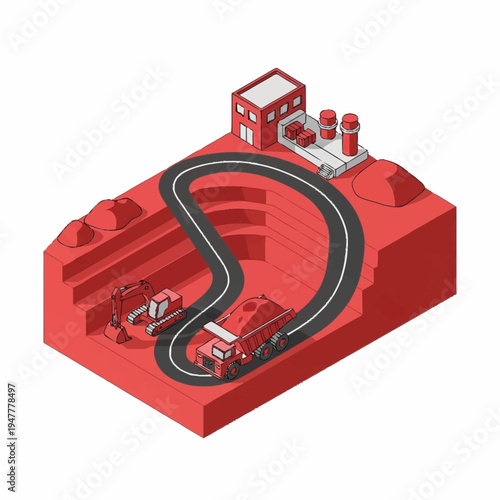 Isometric illustration of an open-pit mine with excavators, trucks, and processing plant, depicting the extraction and transportation of raw materials.