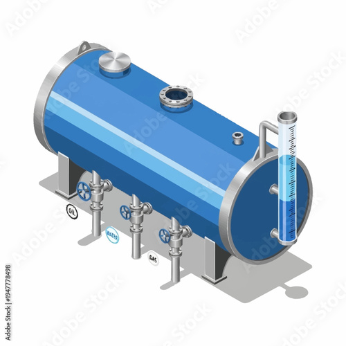 Isometric illustration of a blue industrial pressure vessel with gauges and valves, representing chemical processing or fluid storage.