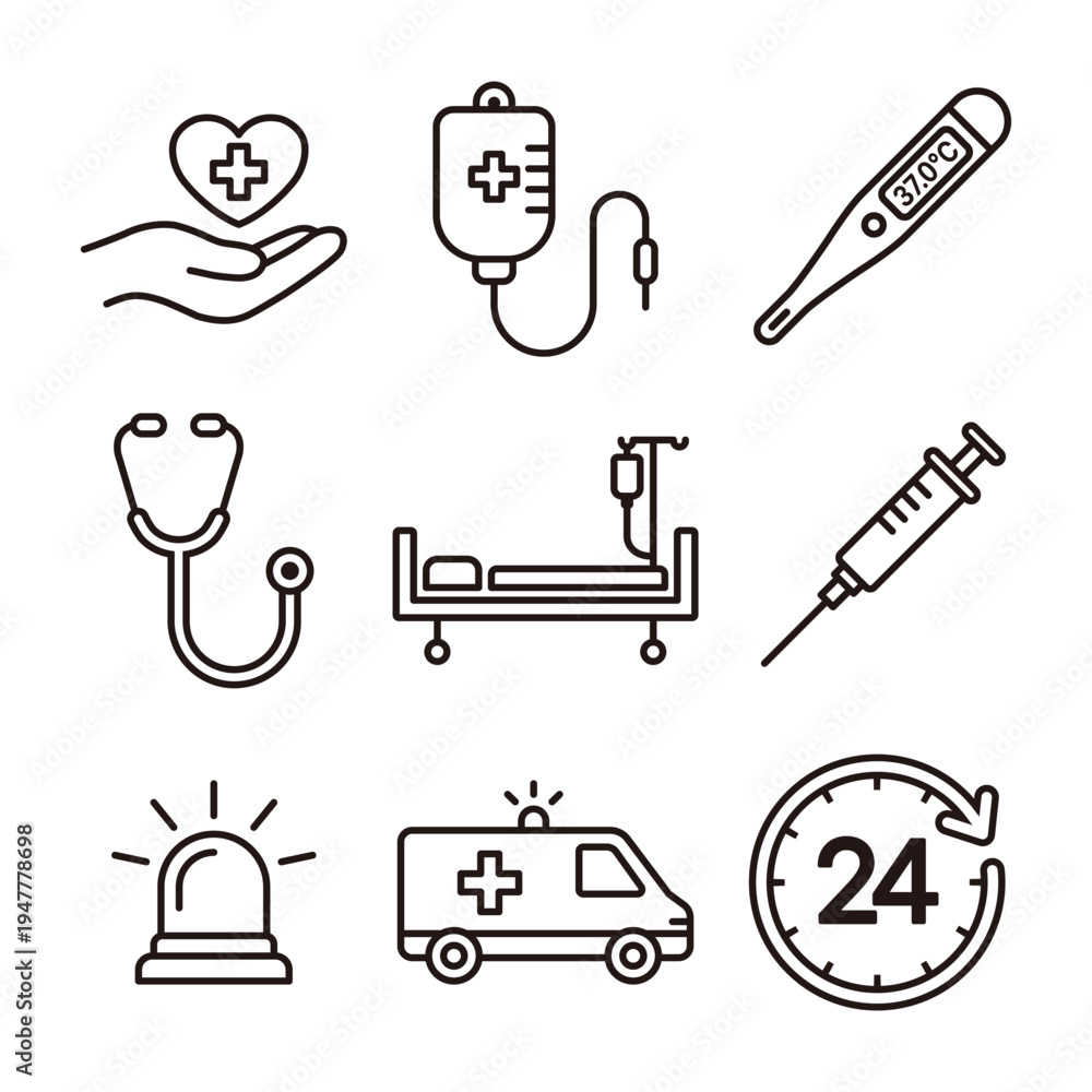 Fototapeta premium 24 Hours Emergency Medical Care and Equipment Line Icon Set