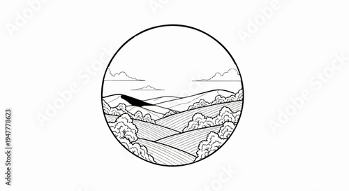 Stylized rural landscape with rolling hills, trees, and clouds within a circle