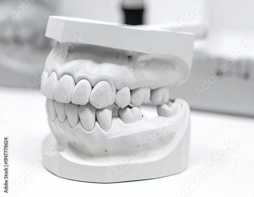 A white dental model of human teeth on a stand