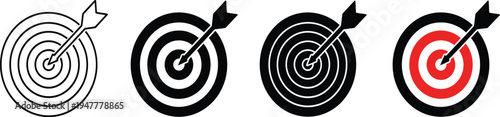 Target dartboard with arrow icon set, bullseye goal symbol, black red achievement design collection vector