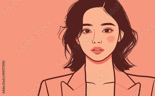 A woman with long dark hair shows a neutral expression while wearing a light blazer against a pink background.