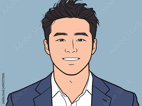 A man with dark hair is shown smiling while wearing a suit. The background is light blue and the style is cartoon-like.