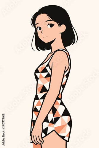 A girl poses in a geometric swimsuit. She looks directly at the viewer with a soft expression in a plain setting.