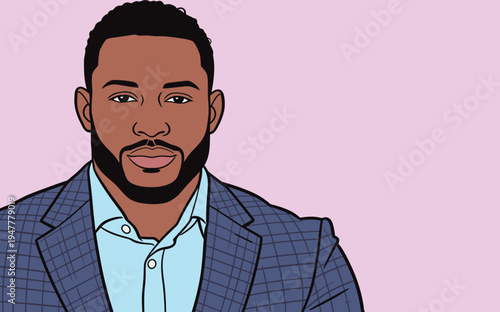 A man stands against a pink backdrop. He wears a suit with a checked pattern and looks directly at the viewer while smiling.