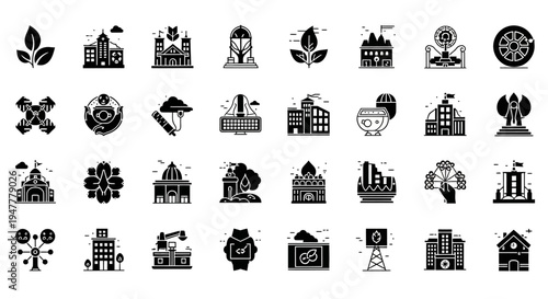 Sustainable architecture and green city icons set featuring eco friendly buildings nature symbols and renewable energy infrastructure in black style