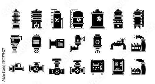 Industrial factory and water treatment system icons set with silhouettes of towers pumps valves and manufacturing facilities for technical diagrams