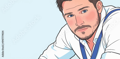 A man is sitting at a table with a white shirt and a blue tie. He is looking straight ahead with a focused expression.