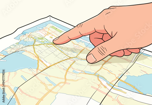 A hand is pointing at a specific area on a large folded map that shows streets and features of a city.