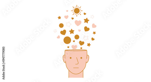 An illustration of a human head with shapes and a sun radiating upwards, symbolizing creativity and bright ideas