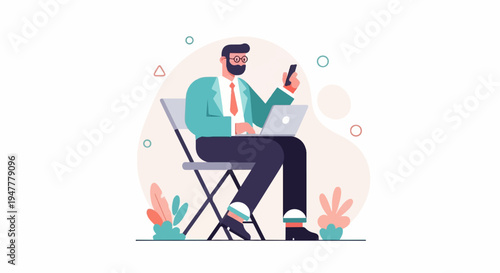 Man in suit with glasses works on laptop while holding smartphone