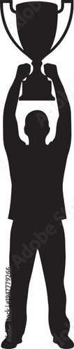 Champion trophy lift silhouette vector illustration man holding victory cup high line art
