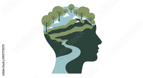 Mindful Nature Illustration A Serene Landscape Unfolding Within the Silhouette of a Human Head