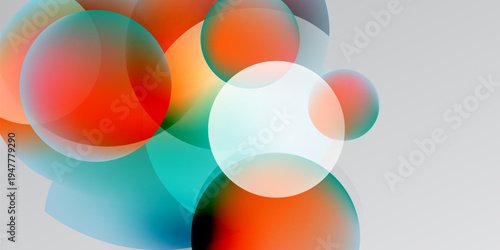 Abstract composition featuring overlapping colorful spheres. Orange, turquoise, white hues blend into dark background. Minimalist design.