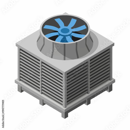 Isometric illustration of a large industrial cooling tower with a blue fan on top, designed for efficient heat dissipation in commercial settings.