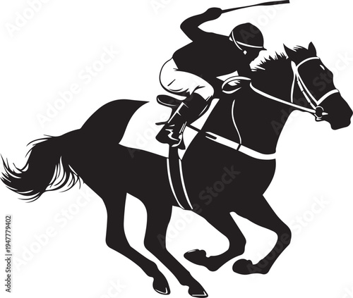 Galloping racehorse with jockey vector silhouette illustration line art dynamic pose