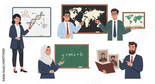 Collection of diverse professional educators explaining various academic disciplines to students, featuring teachers for science, geography, mathematics, and history lessons