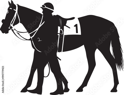 Horse and jockey silhouette vector illustration rider number one at race