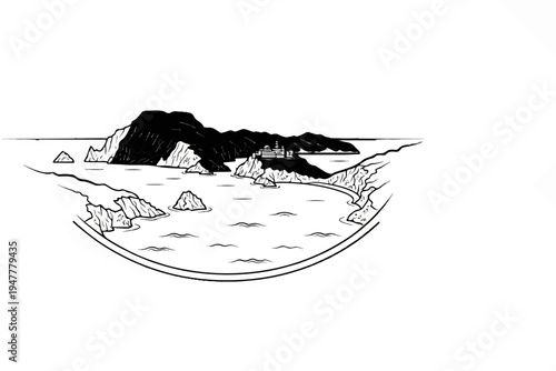 Ink sketch of a coastal bay with rocky islets and a building on cliff