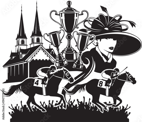 Horse racing event vector silhouette illustration line art with jockeys, trophies, church and woman