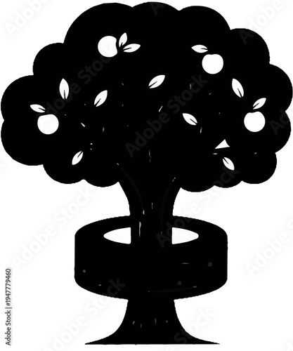 Stylized silhouette of a fruit-bearing tree with a unique segmented trunk base