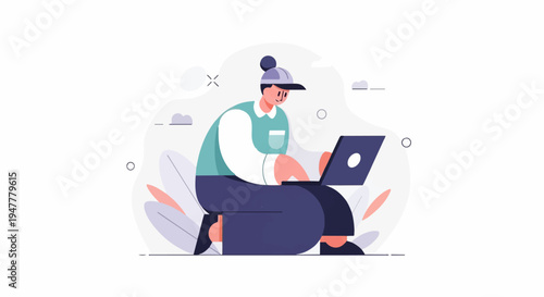 Person in a hat wearing a teal vest and purple pants using a laptop