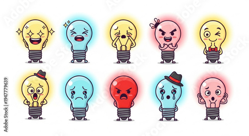 Vibrant collection of cartoon lightbulbs depicting a wide range of human emotions and expressions, symbolizing bright ideas, creativity, and various moods in a fun and illustrative style