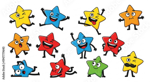 A vibrant collection of cheerful cartoon stars, each showcasing unique and playful facial expressions, perfect for adding fun and positivity to designs