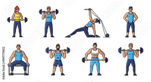 Diverse Collection of People Engaged in Strength Training and Weightlifting Exercises, Featuring Various Workout Routines with Barbells and Gym Equipment in a Fitness Studio Setting