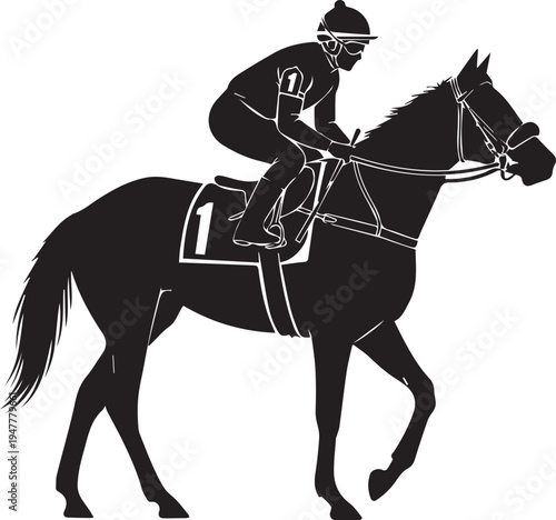 Race horse jockey silhouette vector illustration walking with number one on saddle