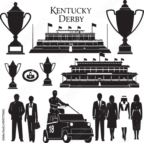 Kentucky derby silhouette horse race clip art vector illustration set with grandstand cup