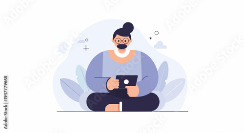 Person in a lotus position using a tablet amidst stylized plants and abstract shapes