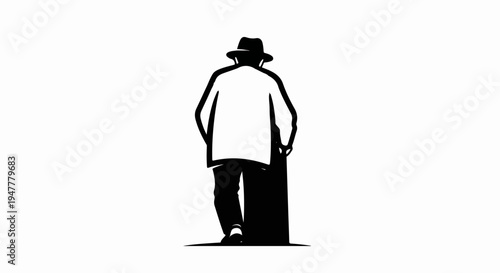 Stylized silhouette of a person in a hat and coat walking with a cane